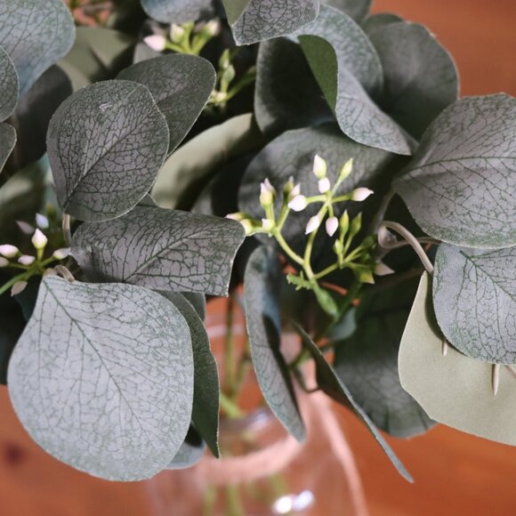 Artificial Eucalyptus in Glass Vase with White Buds Rustic Farmhouse Decor - Picture 2 of 8